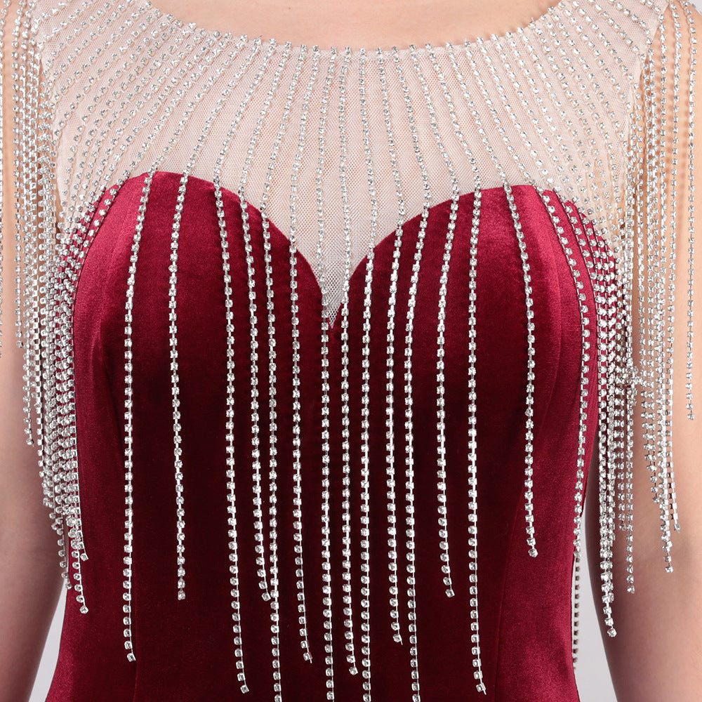 diamond chain velvet evening dress Formal Party long slim and elegant mermaid Prom Dress 9