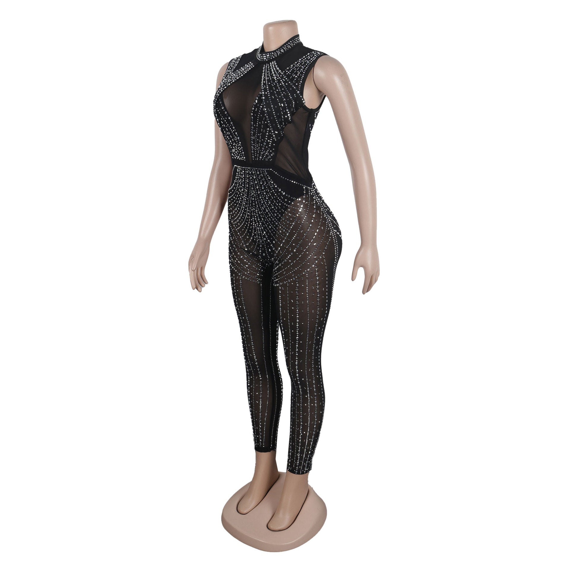 Women Sexy Beaded See-Through Bodycon Stretch Sleeveless Jumpsuit 14