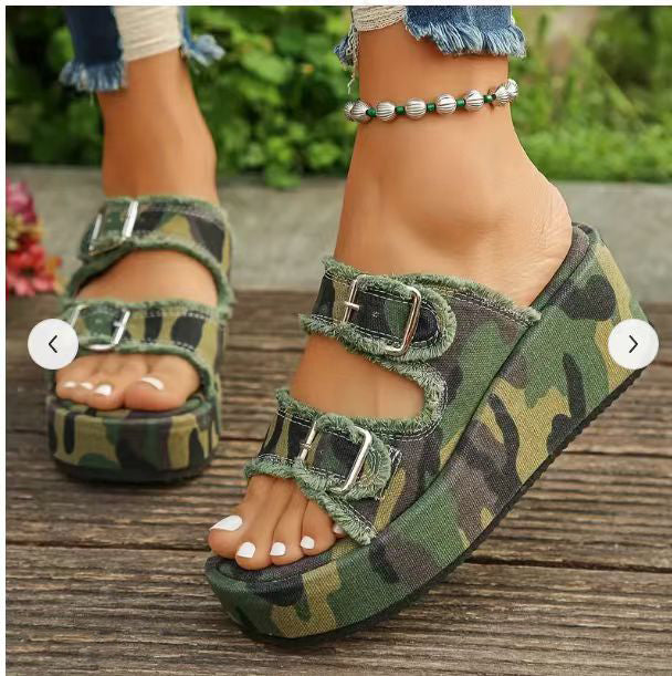 Plus Size Denim Belt Buckle One-Step Sandals Women's Summer Outdoor Wear Thick-Soled Slippers 3