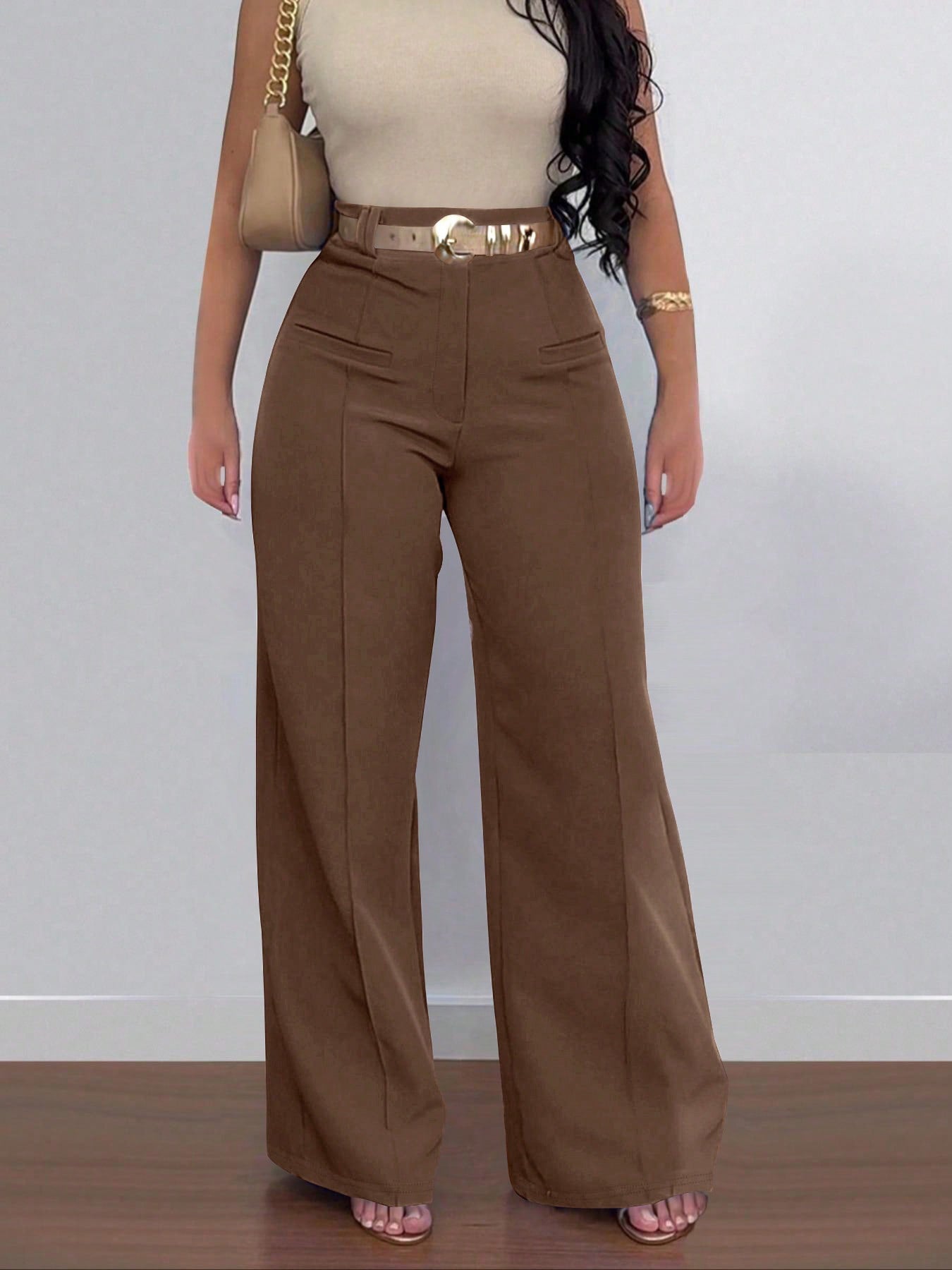 Women's Plus Size Fashion Casual Solid Color Wide-Leg Pants Slim Straight-Leg Trousers( Belt Not Included) 11