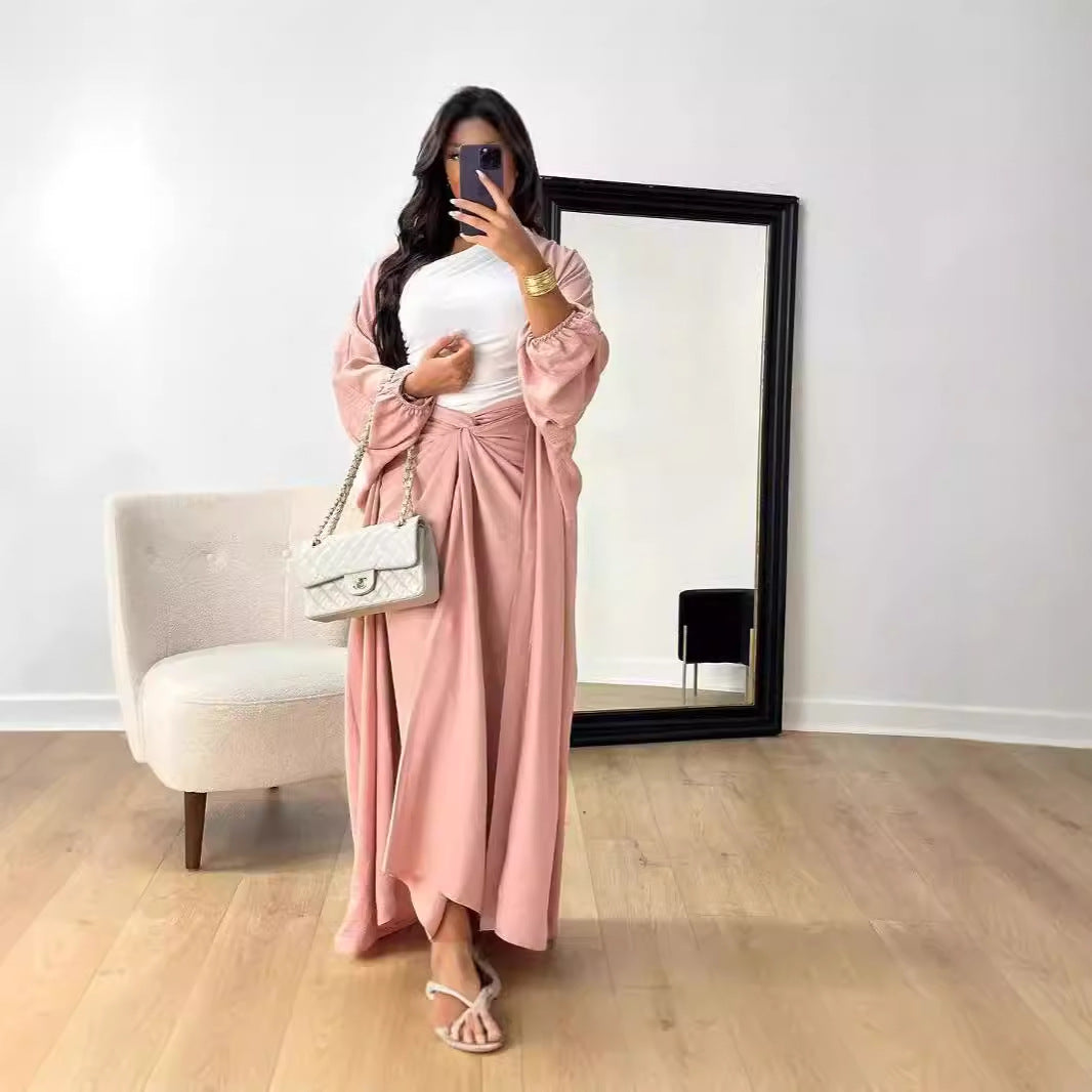 Autumn And Winter Solid Color Lantern Sleeve Lace-Up Robe Coat 3