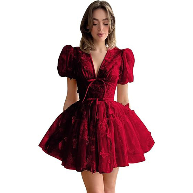 Women bridesmaid dress with flower V-neck short-sleeved dress 11