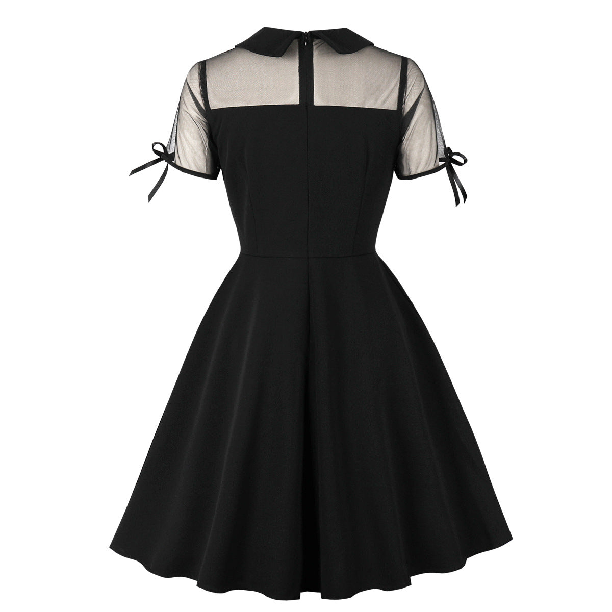 Women's Slim Waist Turndown Collar Bow Short Sleeve Chic Elegant A-Line Dress 5