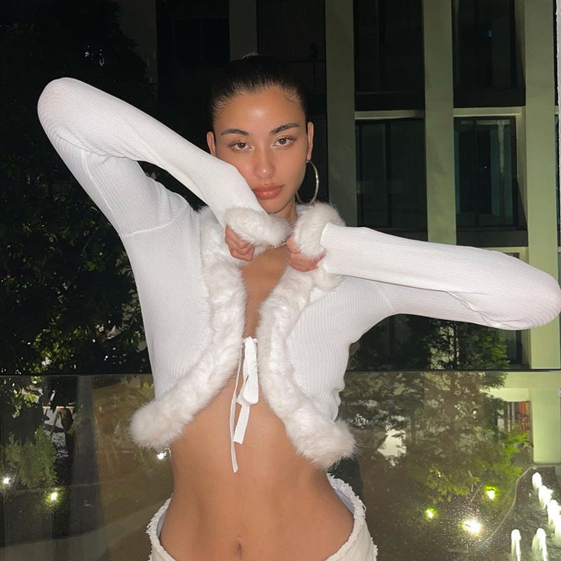 Women Furry Ribbed Cardigan v-neck knitting Crop Top 9