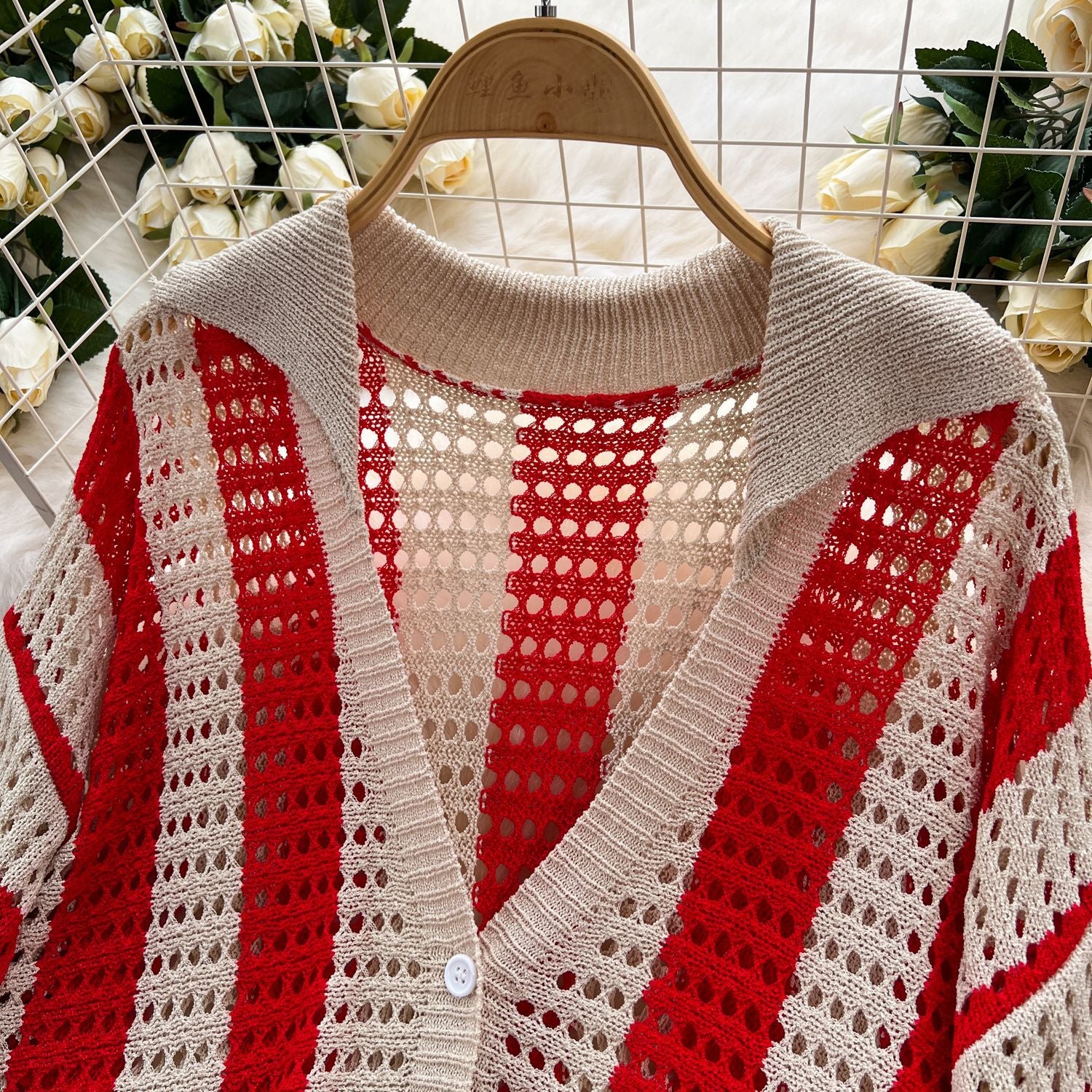 Women's Summer V-Neck Loose Knit Cardigan Top + Wide-Leg Pants Set Color-Block Striped Hollow-Out Outfit 22