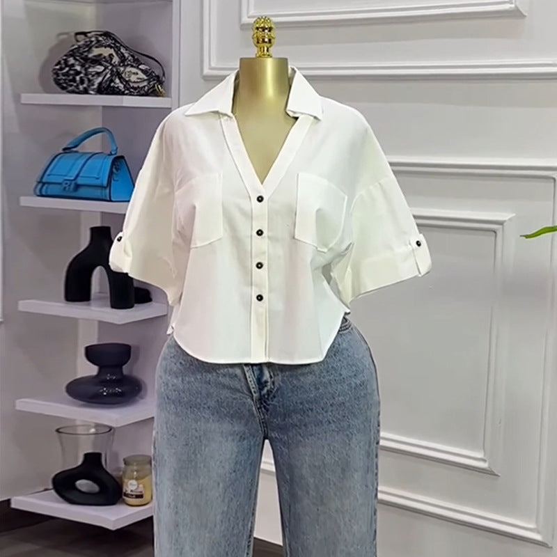 Women's Autumn Turndown Collar Loose Fashion Short Sleeve Shirt Top 6