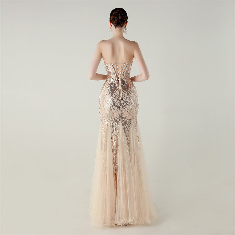 Women Strapless cross Lace-Up sequined tube flower sequined mesh evening dress Formal Party evening dress 38