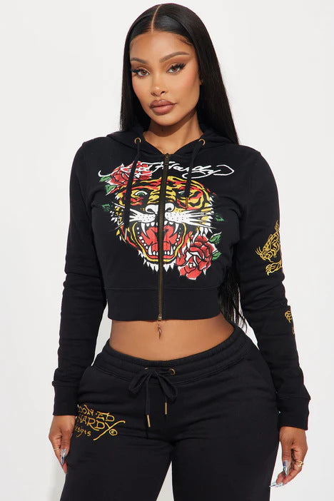 Women street casual print zipper hooded Print Top and Pants two-piece set 9