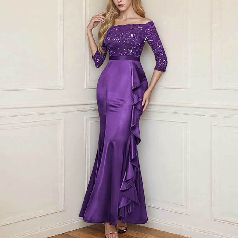 Women Elegant Floral Lace Pleated Slit Maxi Dress 4