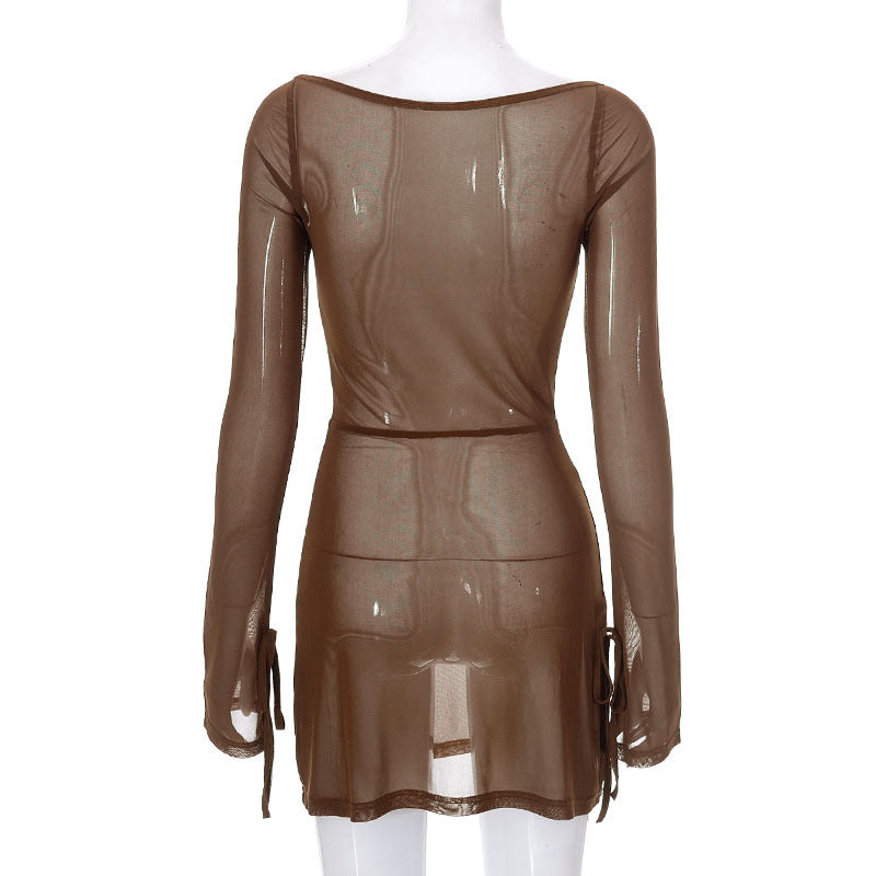 Women Mesh Long Sleeve Slit Dress 9