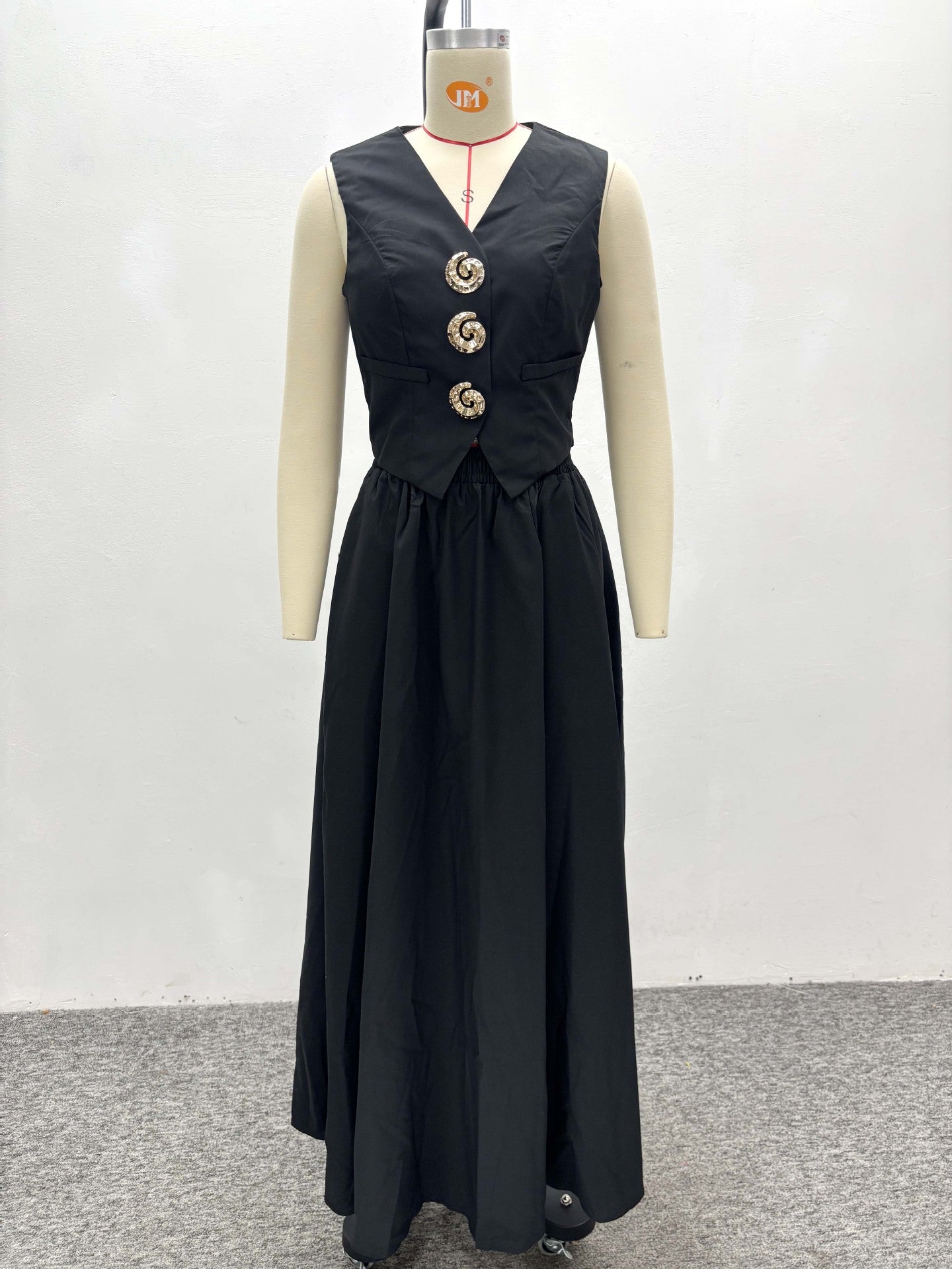 Women's Sleeveless Vest V-Neck Button Top African Chic Elegant Long Skirt Two-Piece Set 8