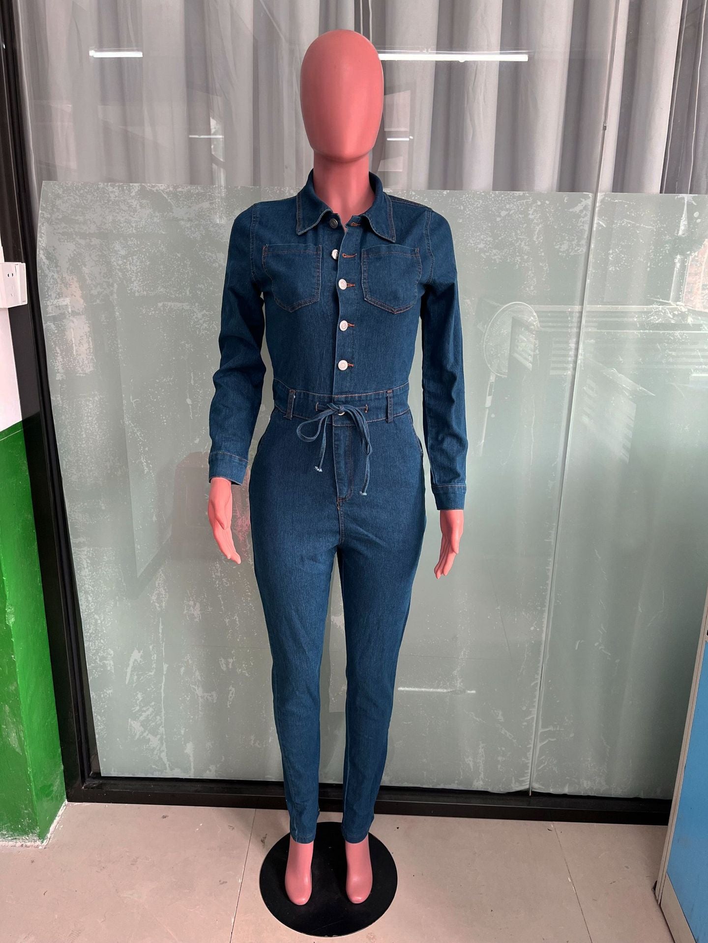 Sexy Fashion Long Sleeve High Stretch Denim Jumpsuit 8