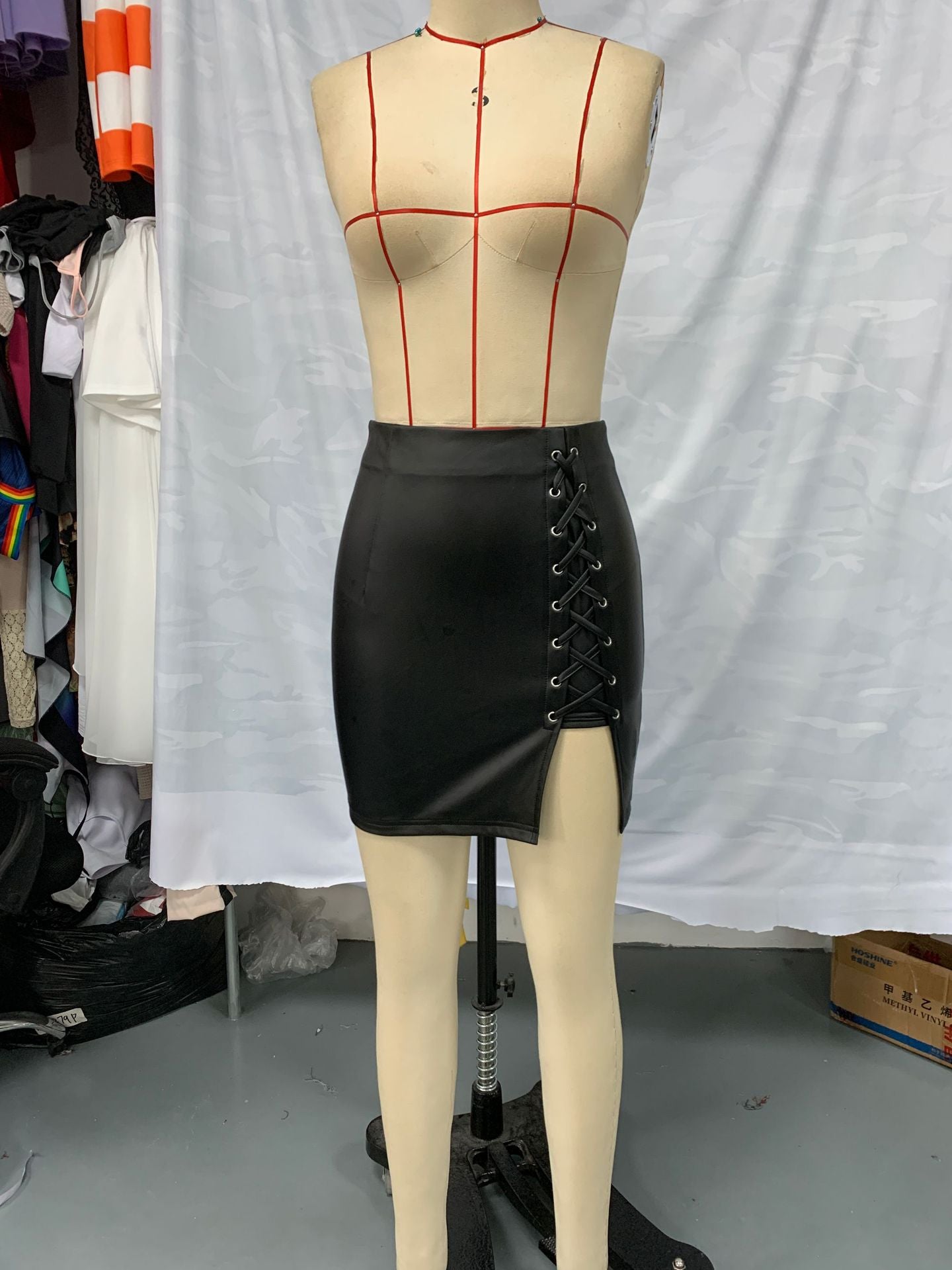 Women Lace-Up Bottom Slit Pu Leather Bodycon Skirt 8