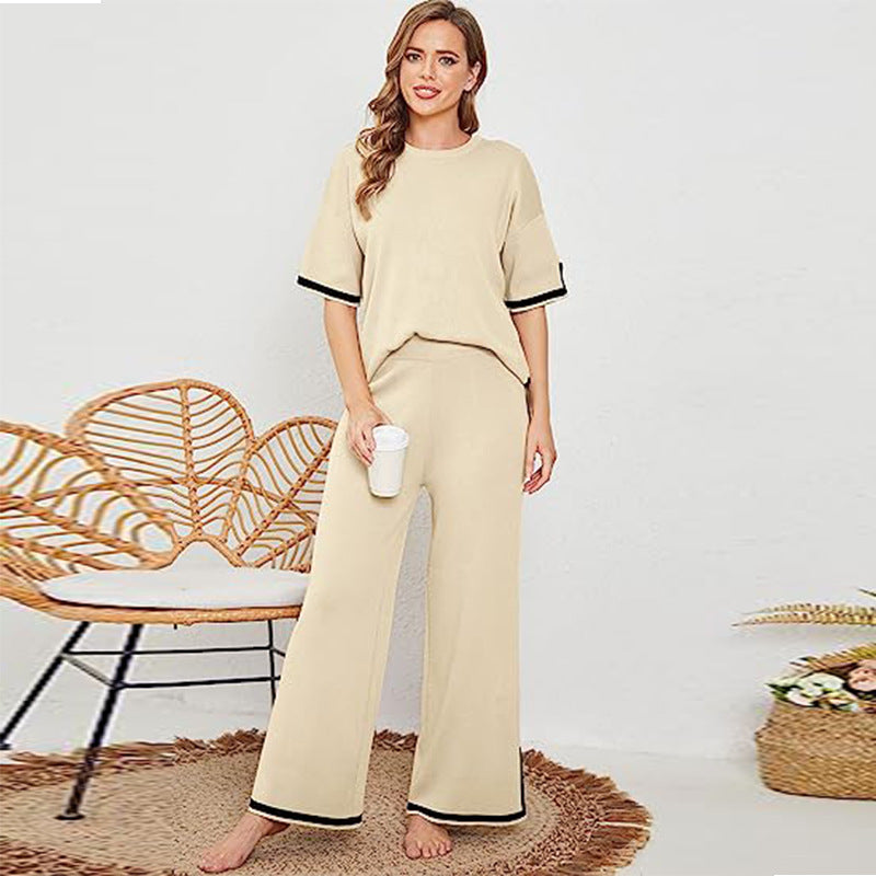 Women summer knitting short-sleeved Topand wide-leg pants two-piece set 12