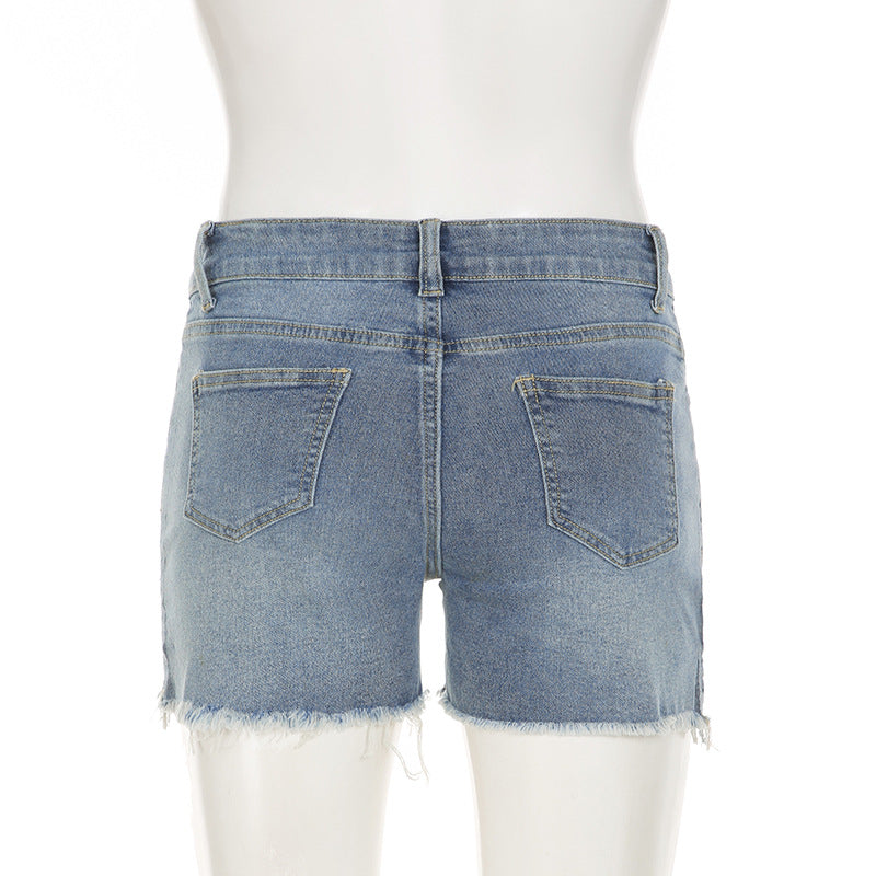 Women Style Beaded Street Raw Edge Washed Denim Shorts 9