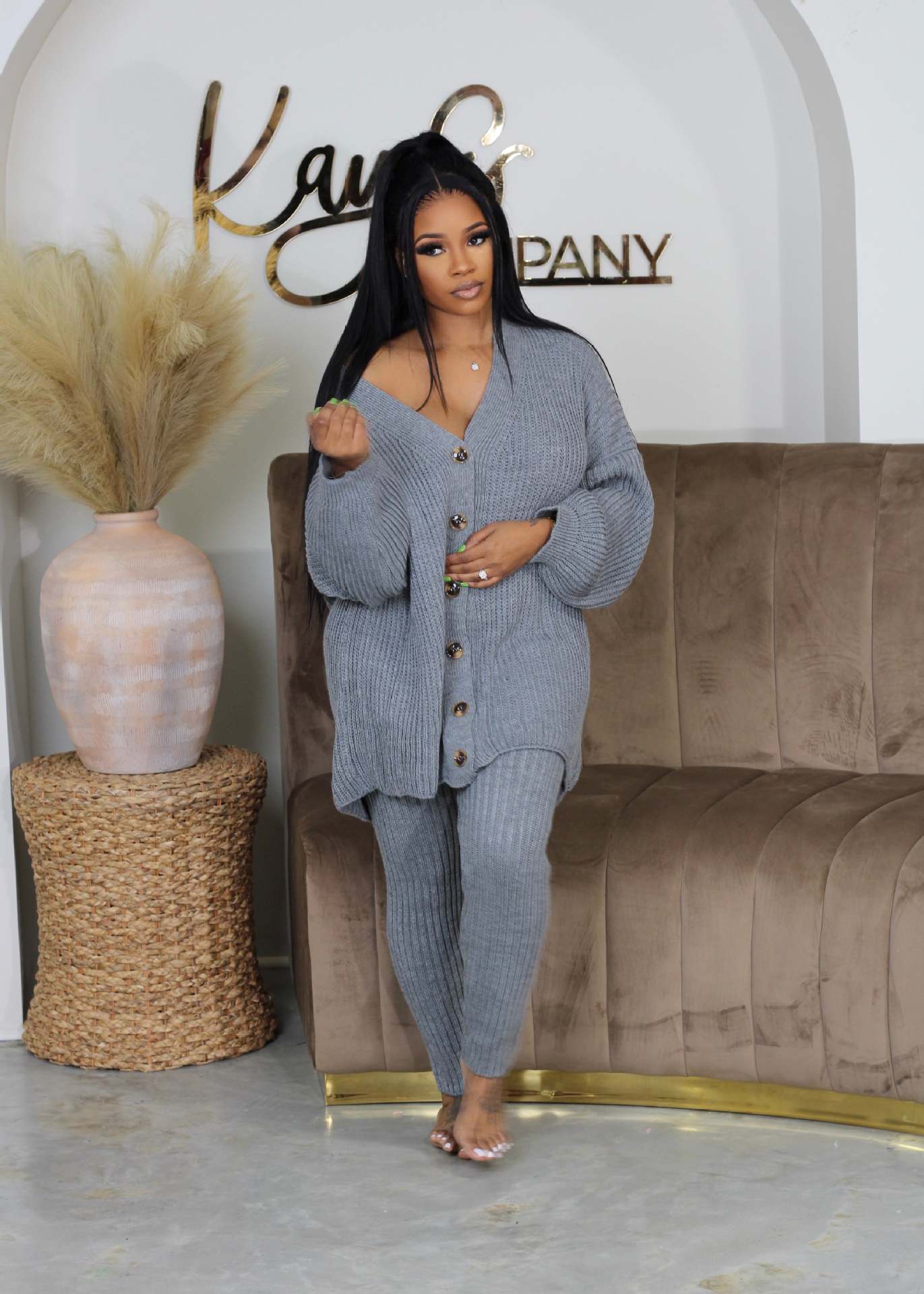 Women Fall/Winter Solidv-neck Button Cardigan Sweater and Pants Two-piece Set 3