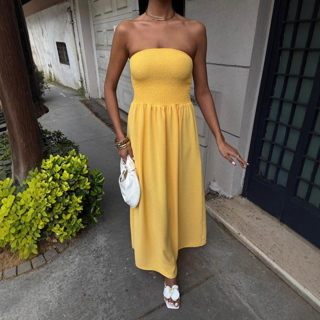 Summer Solid Strapless Slim Waist Maxi Dress 9