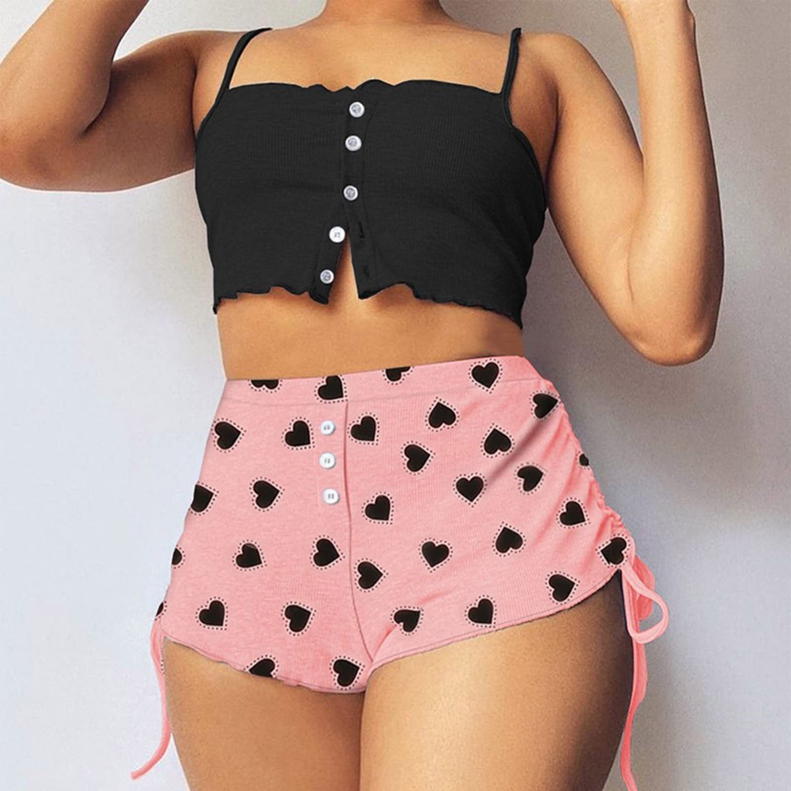 Strap Pajamas Button Printed Two Piece Shorts Set 5