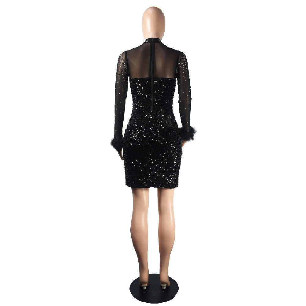Trendy See-Through Beaded Sequined Long Sleeve Feather Nightclub Party Bodycon Dress 18