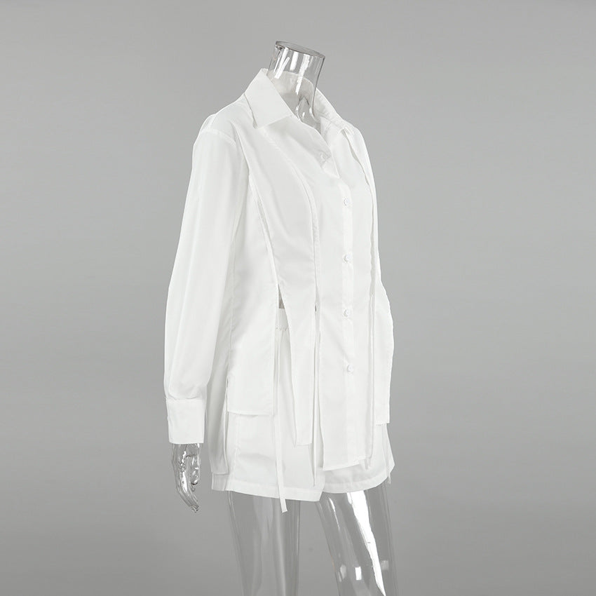 Women Spring and Summer French Style Turndown Clar shirt shorts Casual two-piece set 9