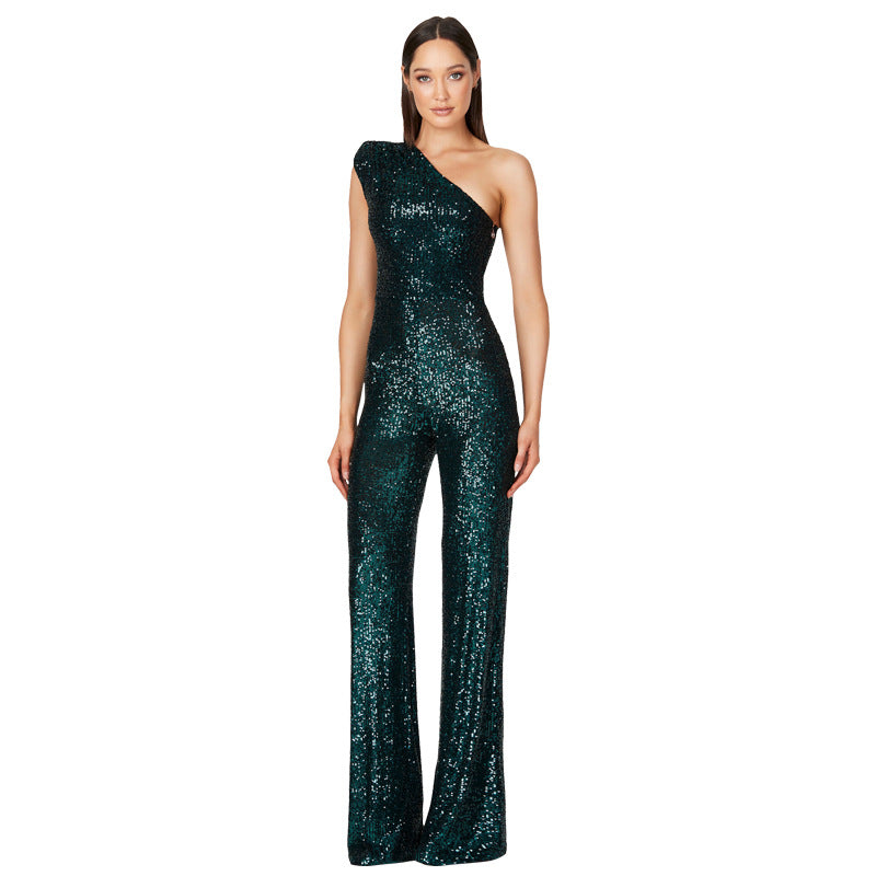 Women's Sleeveless One Shoulder Low Back Sequined Jumpsuit 6