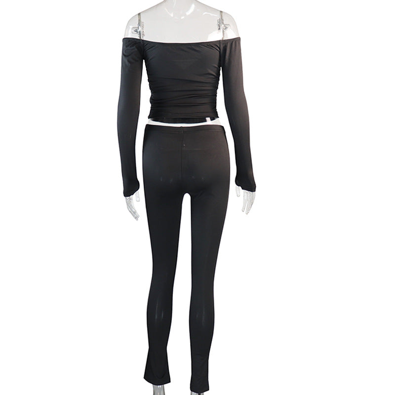 Women Sexy Off Shoulder Long Sleeve Top and Pant Two Piece 5