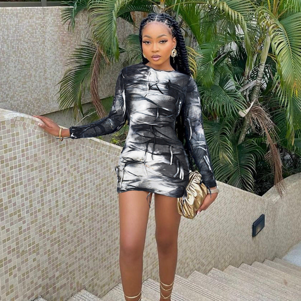 Women Tie Dye Long Sleeve Fringe Sexy Backless Bodycon Dress