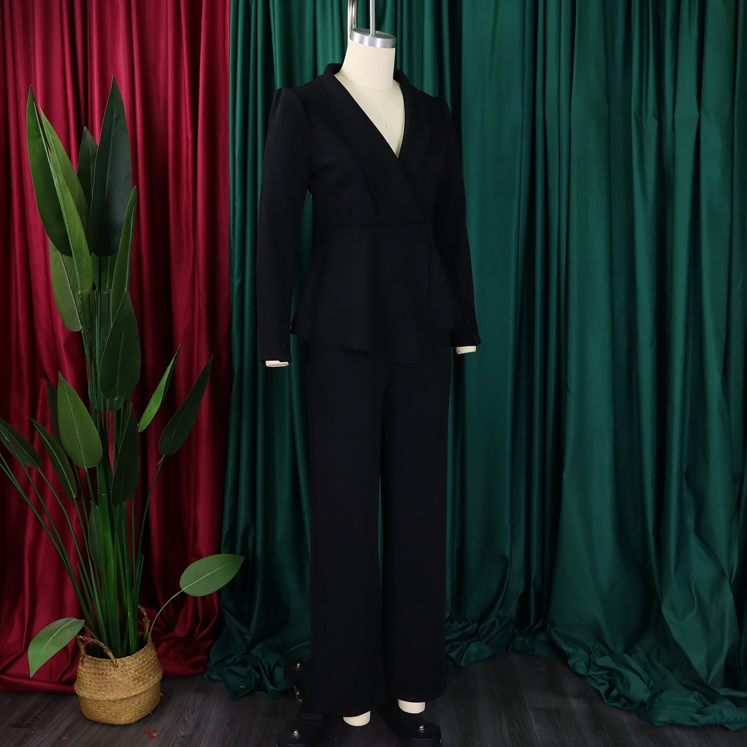 Women Elegant Ruffled Long Sleeve Top Wide Leg Pants Two-Piece Set 19