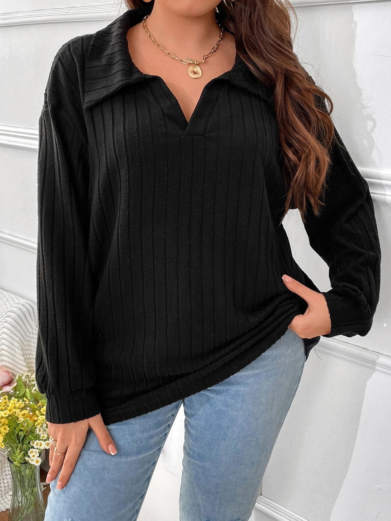 Autumn And Winter Solid Color Plus Size Women's Top V-Neck Turndown Collar Long-Sleeved Ribbed T-Shirt 3