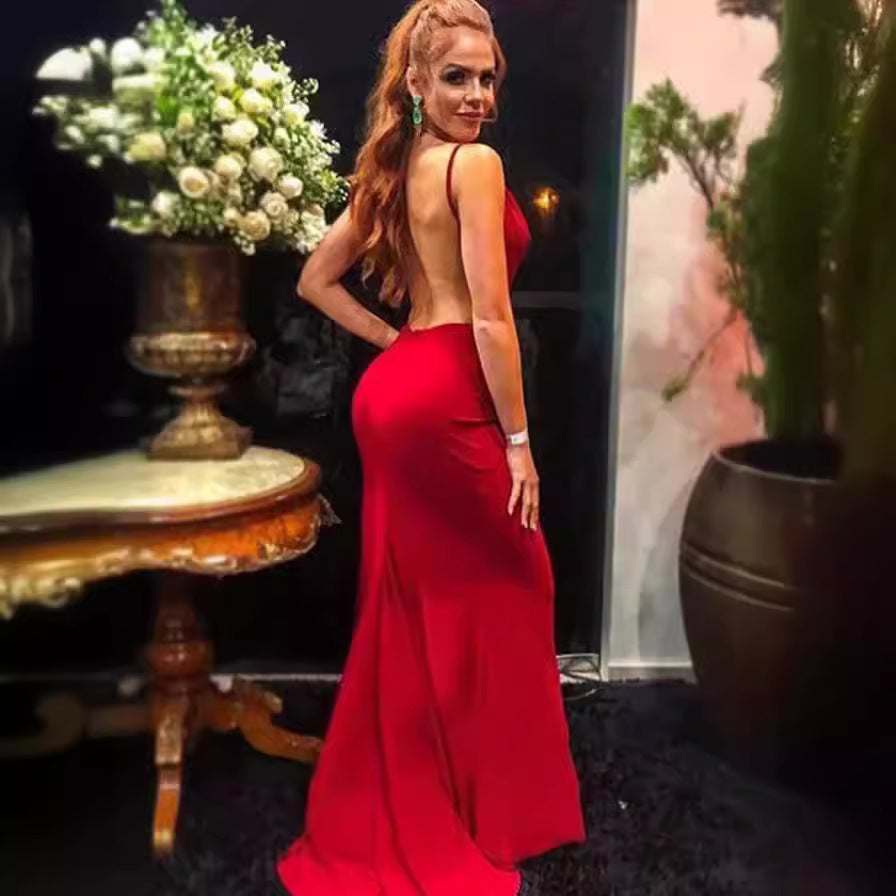 Spring Summer Women 's Strap V-Neck Low Back Long Dress 3