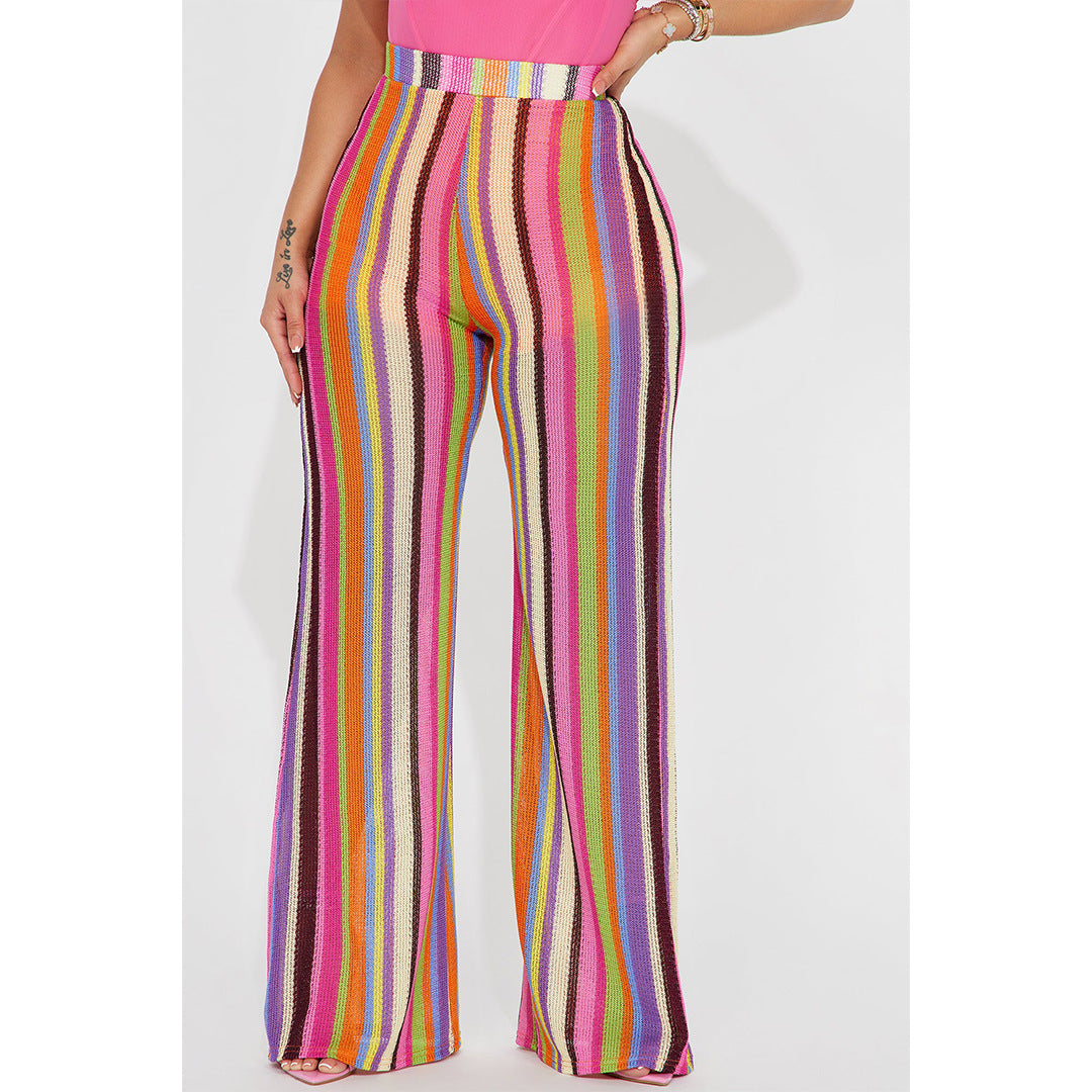 Women's clothing color strip knitting hollow jacquard zipper wide-leg pants