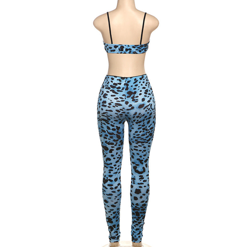 Women's fashionable sexy leopard print straps Low Back high waist Butt Lift Tight Fitting Two Piece Pants Set 7