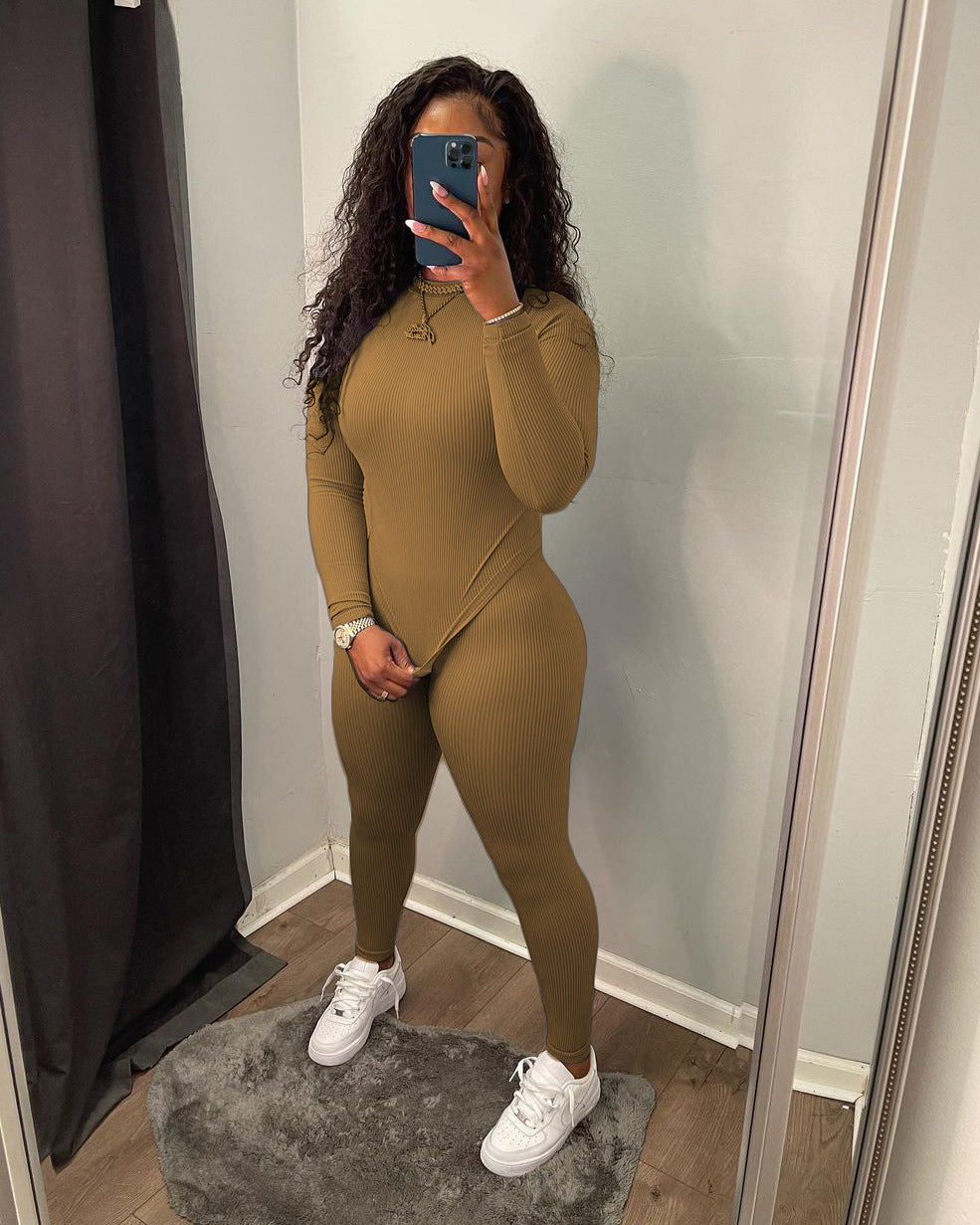 Women'S Two-Piece Set Autumn Winter Solid Color Ribbed Slim Long Sleeve Two Piece Trouser Set 8