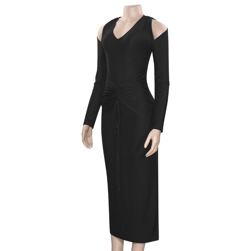 Autumn Solid Color V-Neck Halter Neck Slim Long Sleeve Sexy High Waist Dress 7