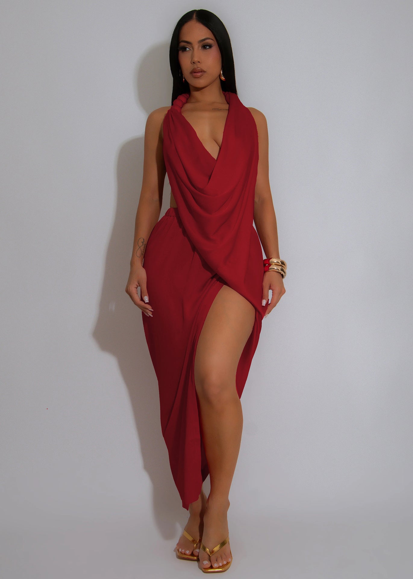 Women V Neck beaded Halter Neck sexy slit Solid pleated dress 3
