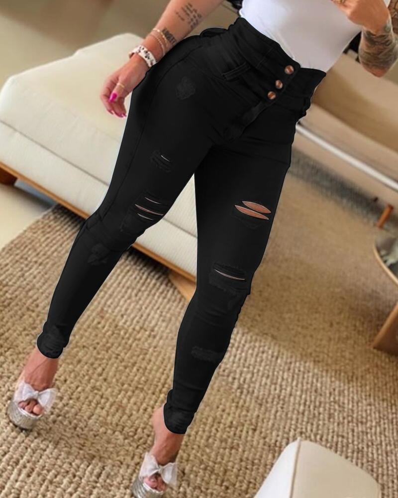 Fall High Waist Slim Fit Denim Pants Women's Ripped Tight Jeans 3