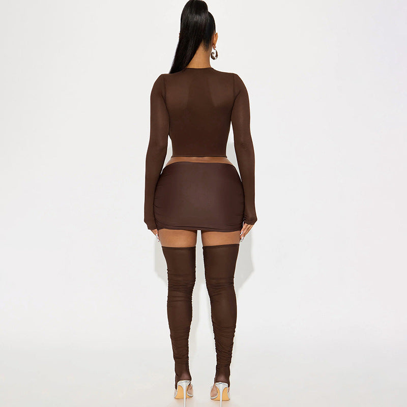 Women Autumn/Winter Cross-Gathered Double-Collared Top and See-Through Mesh Skirt with Three-Piece Knee Pads 14