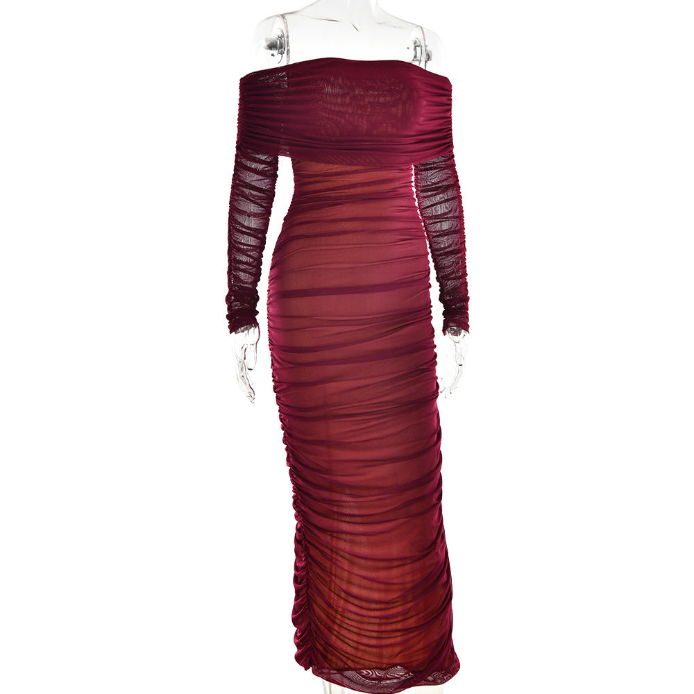 Women Autumn Bodycon Sexy Mesh Off Shoulder Gathered Dress 16