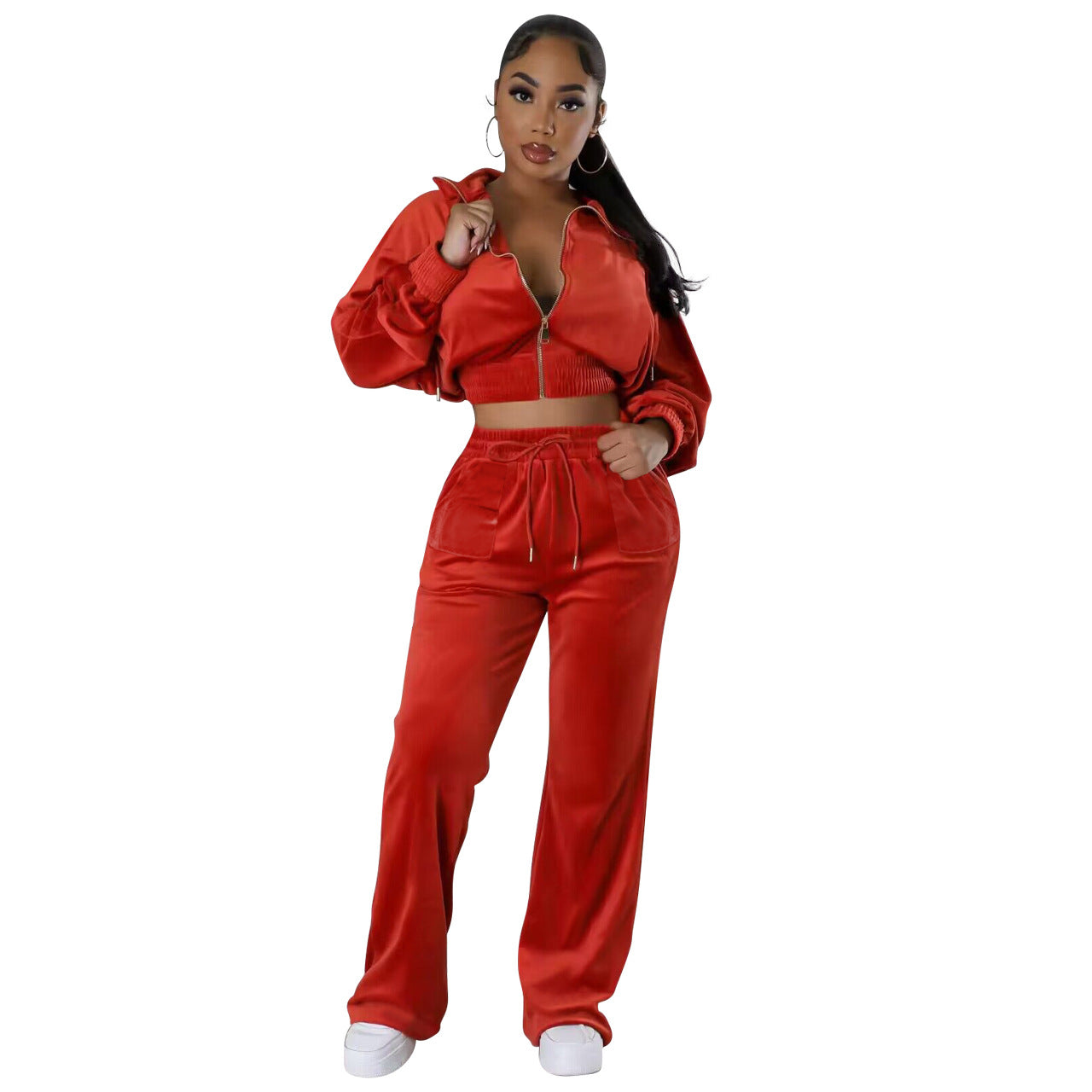 Women Solid Zipper Top and Pant Two-piece Set 6