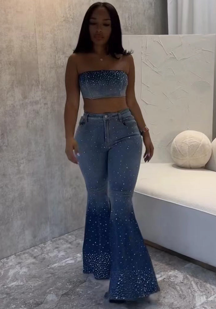 Women Beaded Denim Strapless Crop Backless Top and Bell Bottom trousers two-piece set
