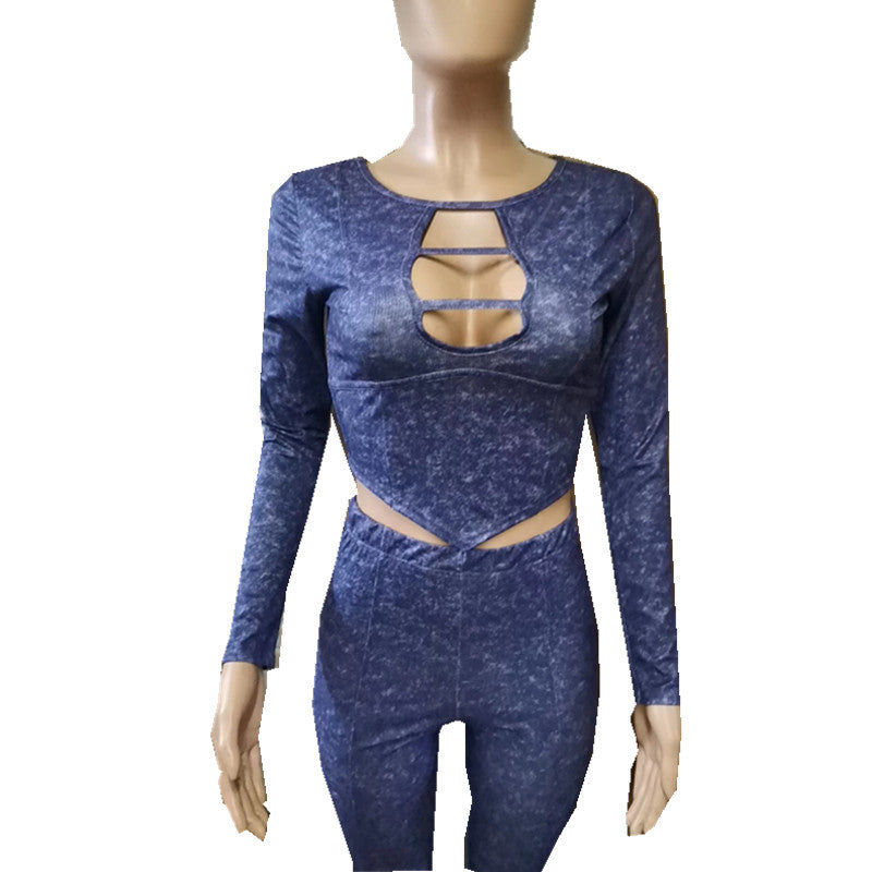 Women's Stretch Ribbed Tight Fitting Sexy Long Sleeve Two-Piece Pants Set 13