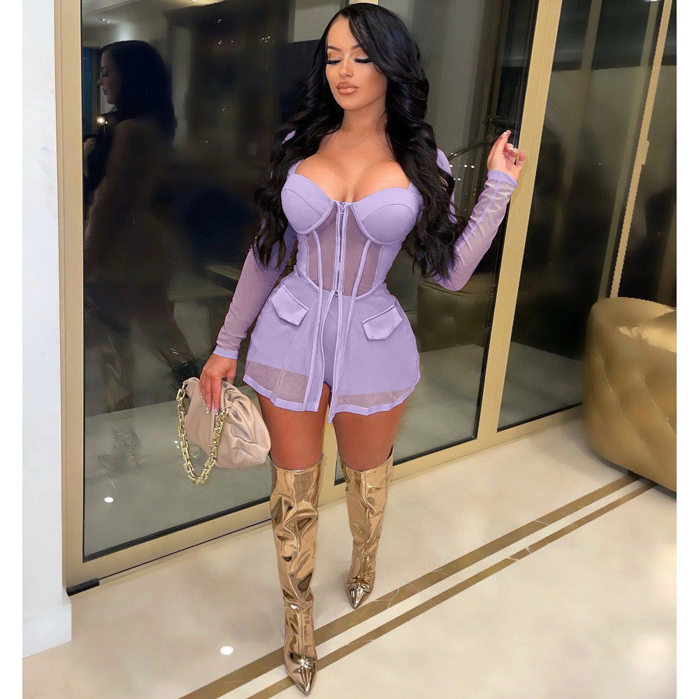 Women Mesh See-Through Patchwork Zipper Top and Shorts Two-piece Set 4