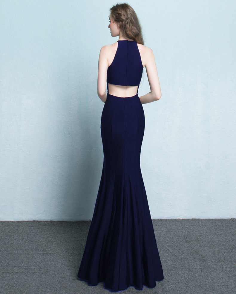 Plain Solid Halter Slit Mermaid Evening Dress 9
