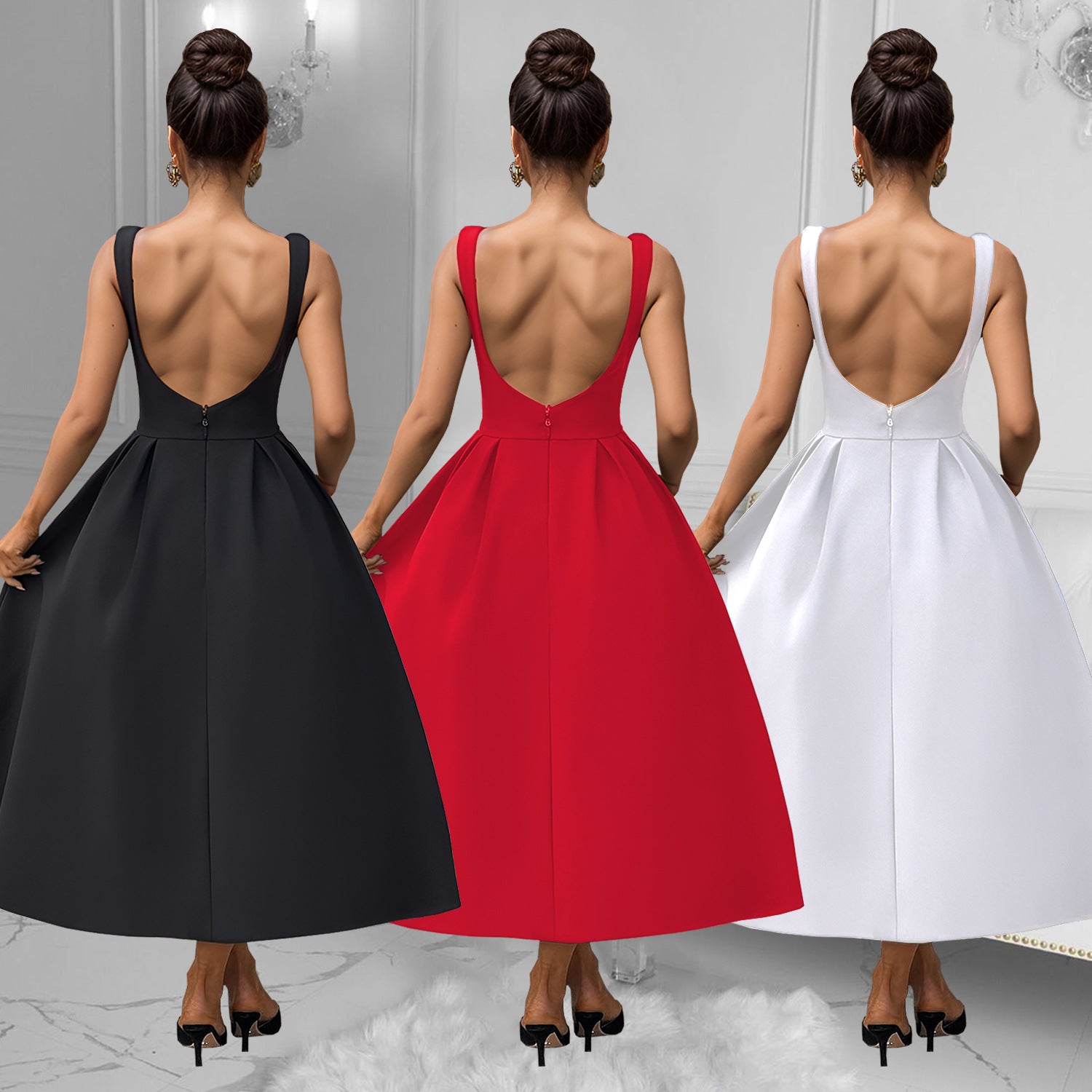 Fashionable women's Low Back retro sleeveless Backless A-line long dress 5