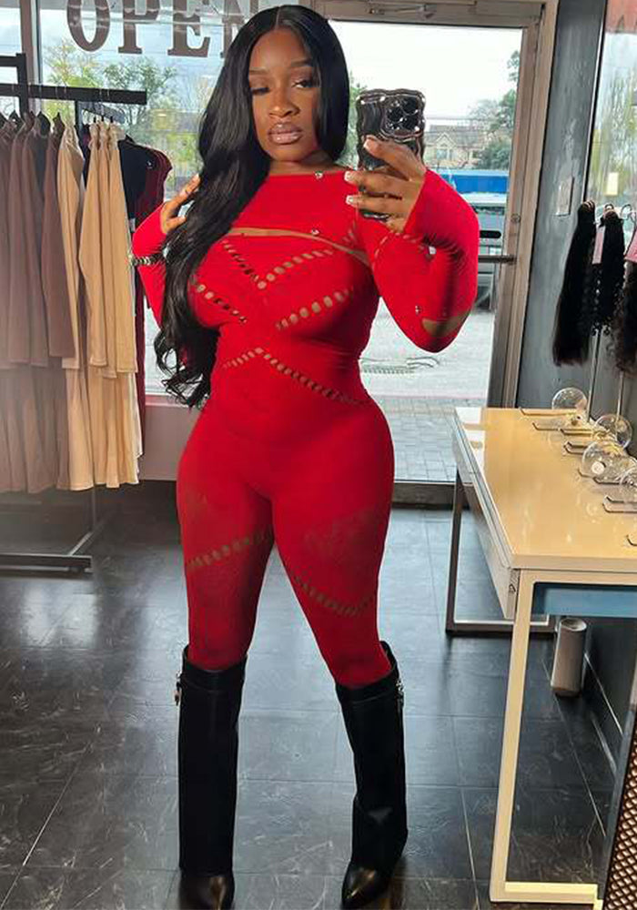 Women solid round neck long-sleeved hollow diamond jumpsuit