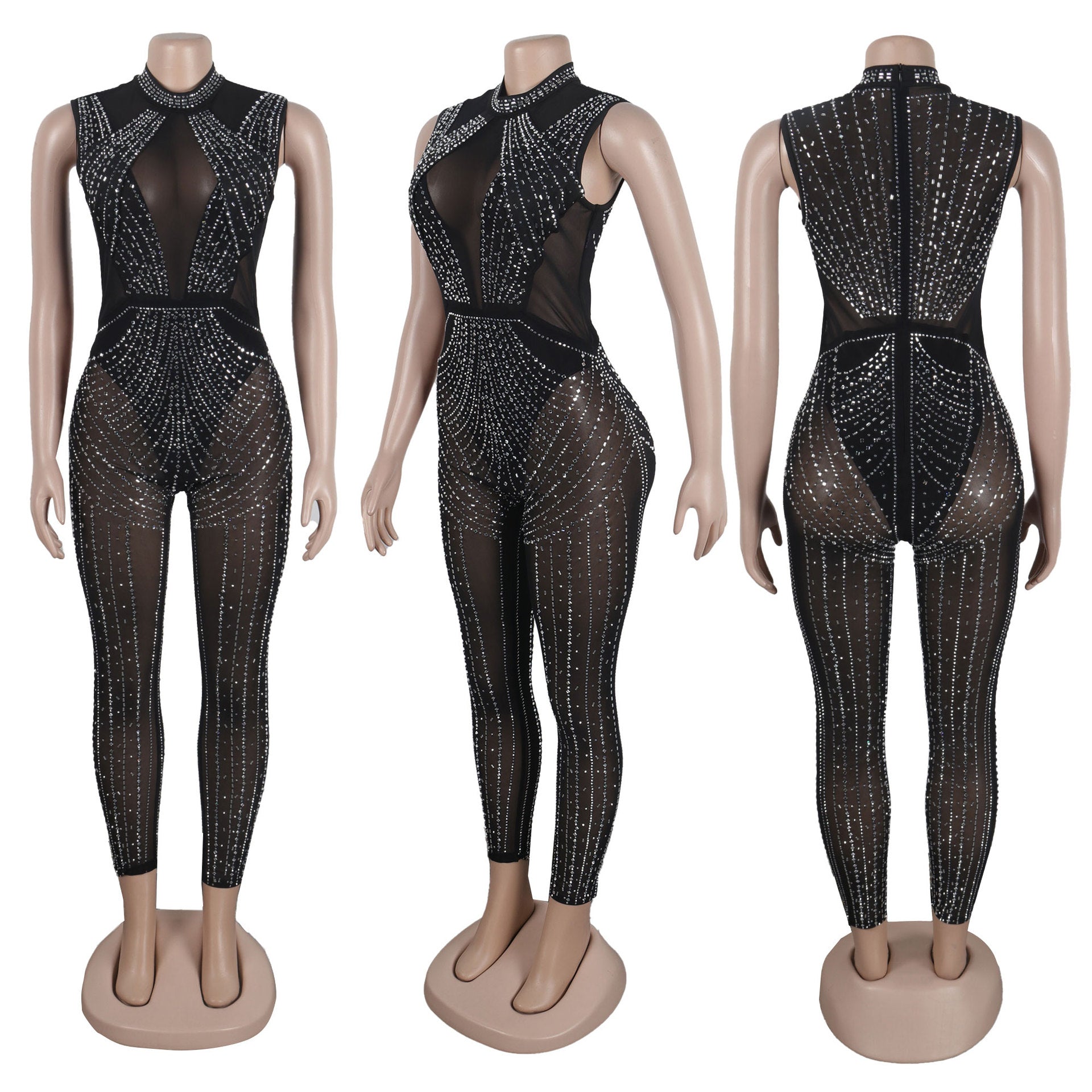 Women Sexy Beaded See-Through Bodycon Stretch Sleeveless Jumpsuit 12
