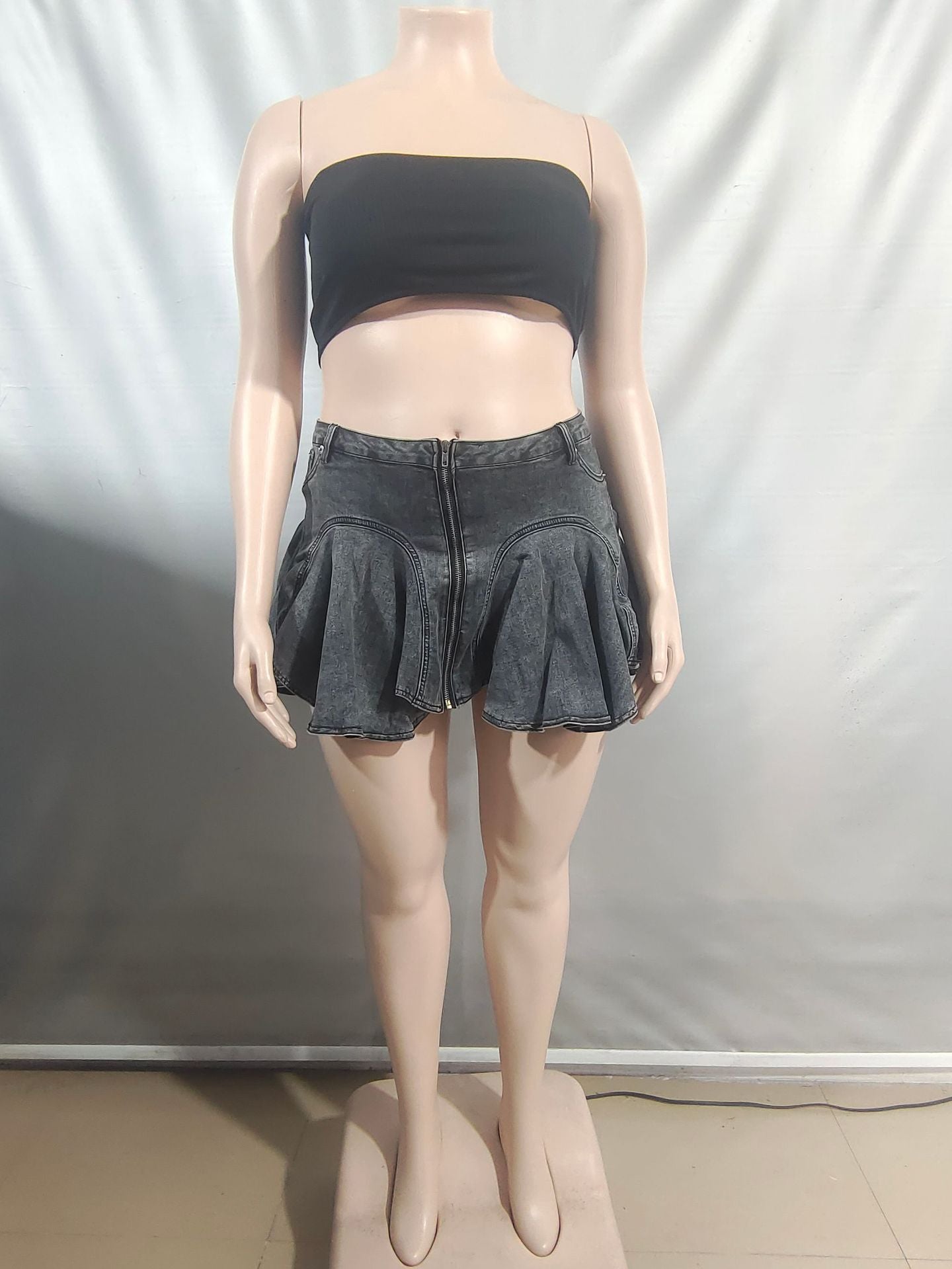 Women Zipper Lotus Leaf Pleated Denim Skirt 3