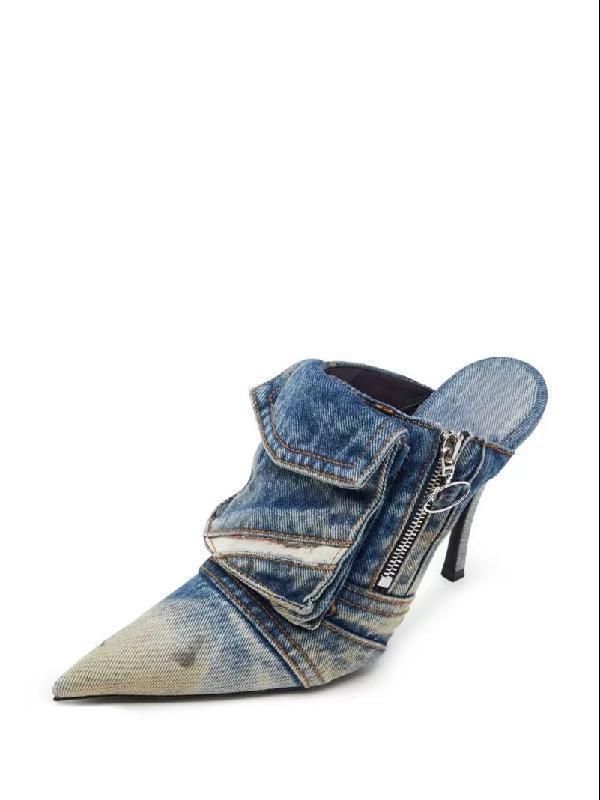 Pointed Denim Patchwork Stiletto Plus Size Women's Slippers 5