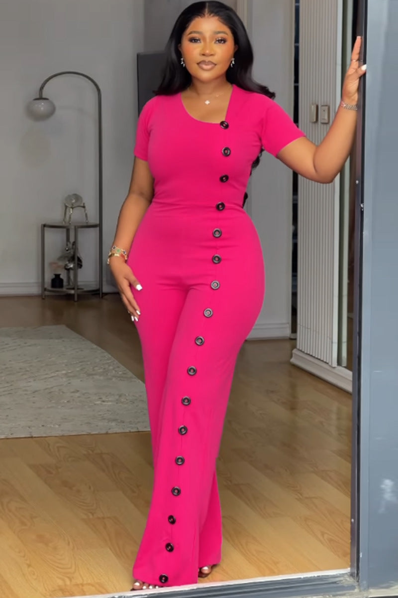 Irregular Neckline Slim Waist Button Wide Leg Jumpsuit 3
