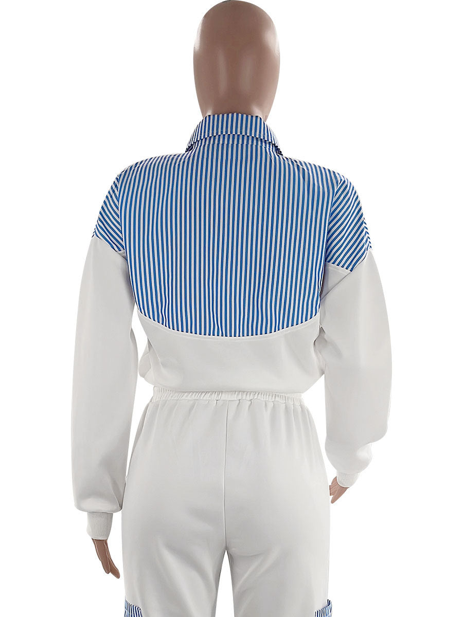 Women Casual striped color-blocked long-sleeved shirt and trousers two-piece set 15